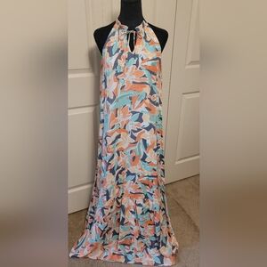Nine West Tiered Pleasant Floral Maxi Dress Green Orange Blue Gray Size M